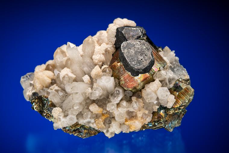 PYRITE with TETRAHEDRITE and CALCITE on QUARTZ